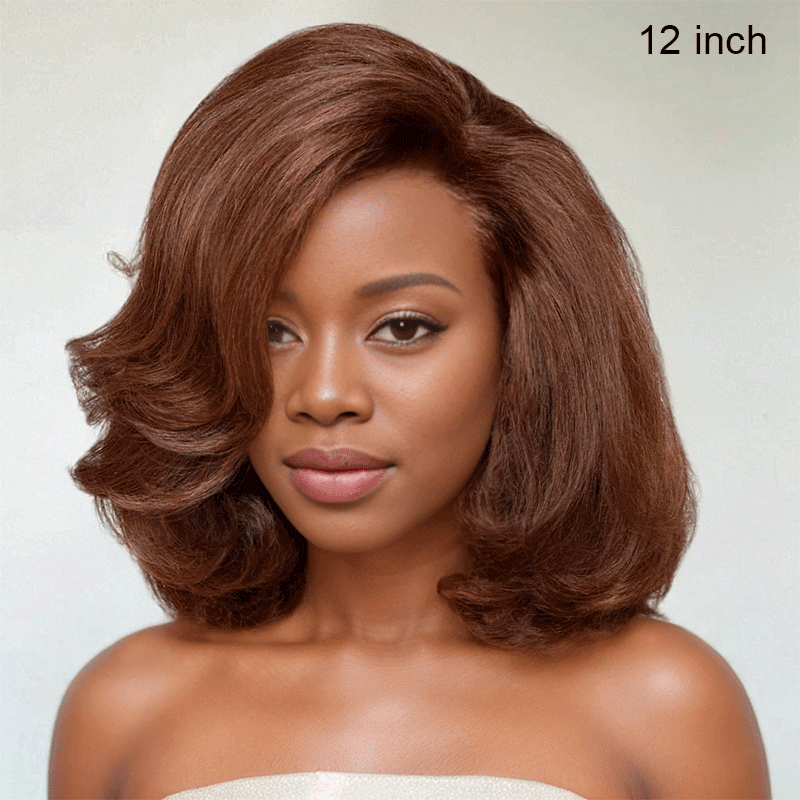 Black woman wear 9x6 Glueless Layer C Part Brown Short Cut Bob Wig