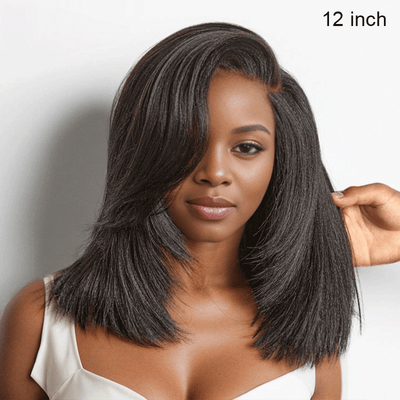 black woman wear 9x6 Glueless Layered Yaki Straight Bob Wig Wear Go For Beginners