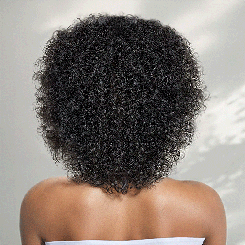 Black woman wear Glueless Short Curly Afro Bob Wig With Bangs