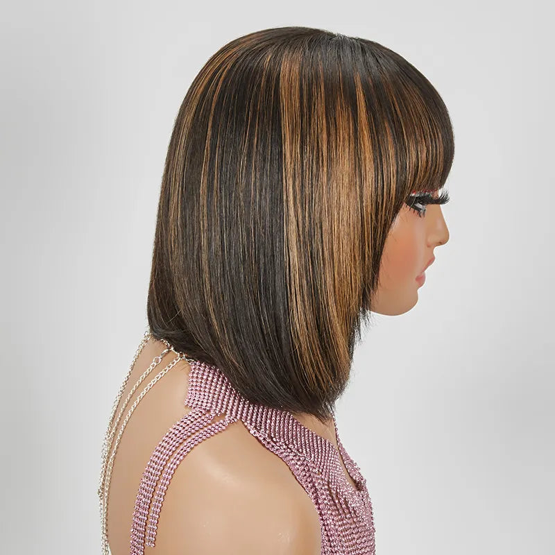 Glueless Layered Highlight Color Straight Bob Wig With Bangs
