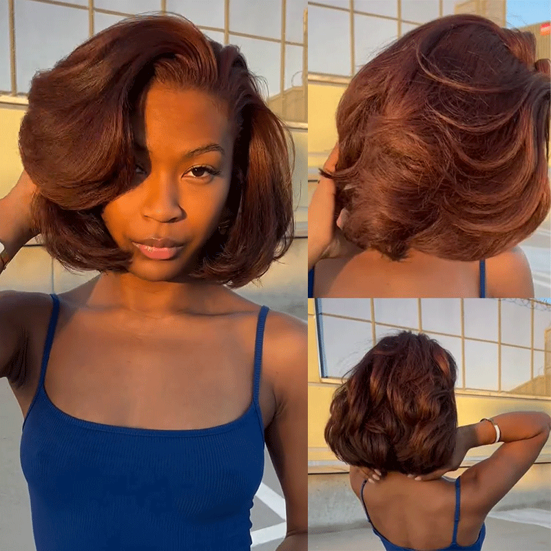 Black woman wear 9x6 Glueless Layer C Part Brown Short Cut Bob Wig