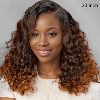 black woman wear 9x6 Glueless Above all Ombre Coppery Brown Color Water Wave Wig