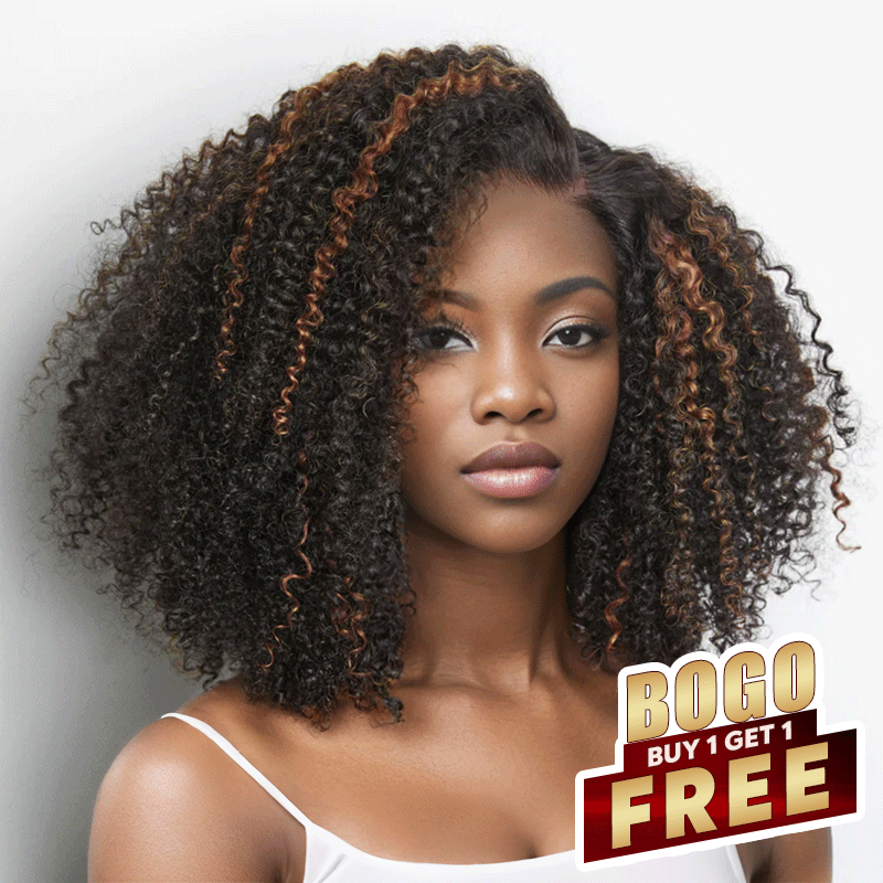 𝐁𝐮𝐲 𝟏 𝐆𝐞𝐭 𝟏 𝐅𝐫𝐞𝐞💥Shine Hair Ready to Go 9x6 Glueless Brown Highlight Bob Kinky Curly Human Hair Wig