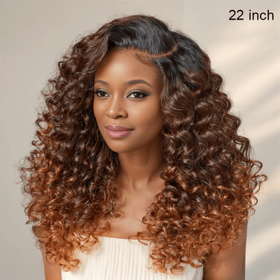 black woman wear 9x6 Glueless Above all Ombre Coppery Brown Color Water Wave Wig