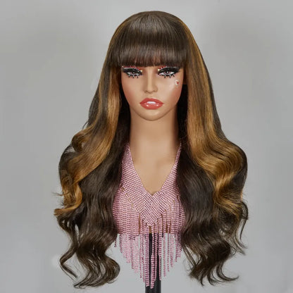 Glueless Brown Highlight Color Wig With Bangs Body Wave Frontal Wig