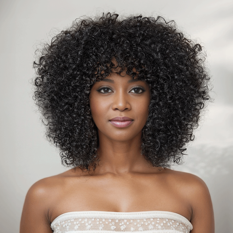 Black woman wear Glueless Short Curly Afro Bob Wig With Bangs