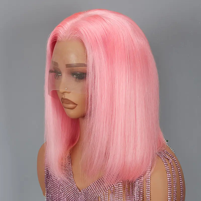 13x4 Pink Color Bob Wig Straight Lace Frontal Human Hair