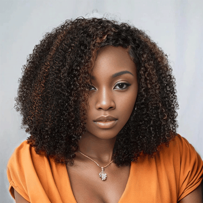 Shine Hair Ready to Go 9x6 Lace Glueless Brown Highlight Bob Kinky Curly Human Hair Wig