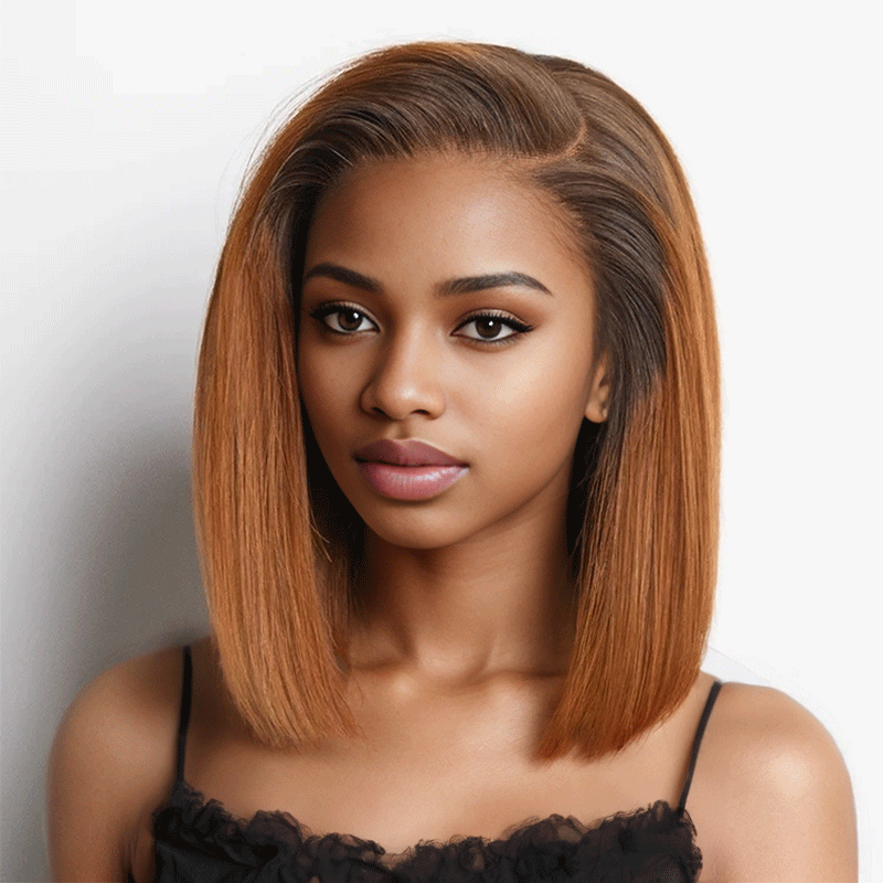 black woman wear 9x6 Glueless Ginger Ombre Blunt Cut Smooth Bob Wig