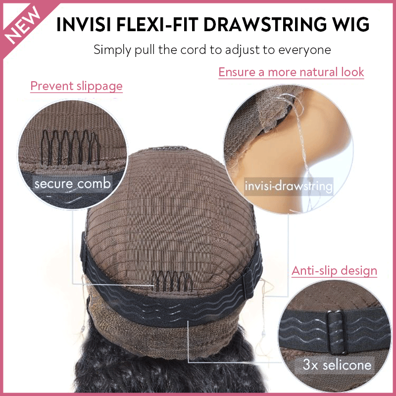 360 Lace Frontal Invisible Flexi-Fit Drawstring Cap Wig Brazilian Curly Wave Virgin Human Hair