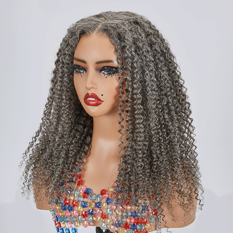 7x5 Bouncy Kinky Curly Salt & Pepper Glueless Wig