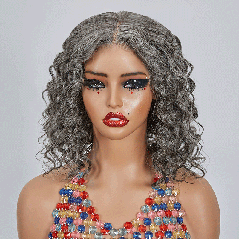 7x5 Color Salt &amp; Pepper Bob Wig Glueless Water Wave