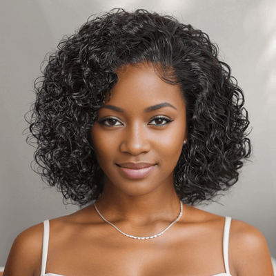 Blakc woman wear 13x4 Glueless Put On And Go Short Curly Wig