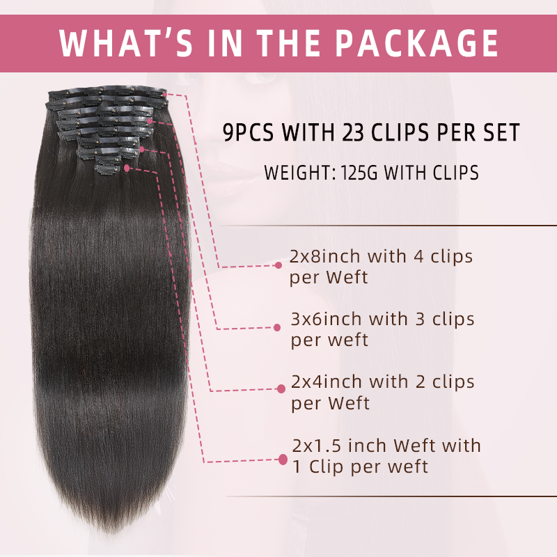 Seamless Clip In Human Hair Extensions Hair Yaki Straight 125g/9pcs