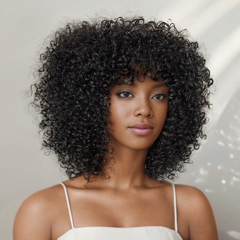 Black woman wear Glueless Short Curly Afro Bob Wig With Bangs