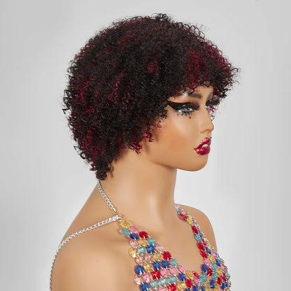 Glueless Afro Red Highlight Kinky Curly Short Bob Pixie Wig