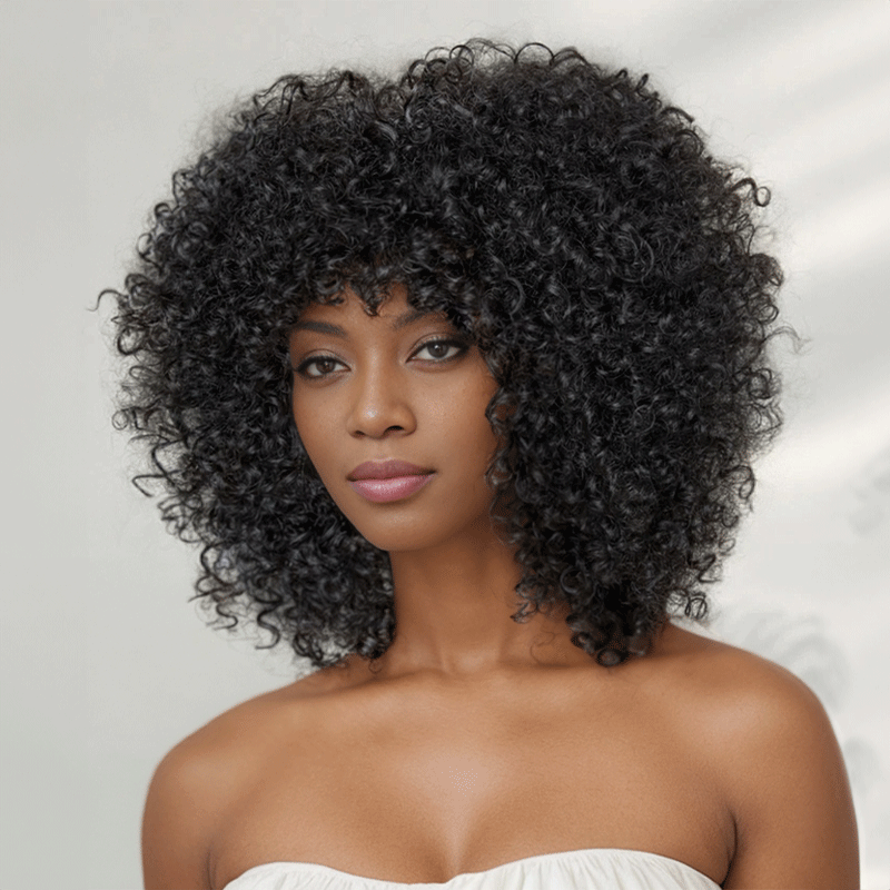 Black woman wear Glueless Short Curly Afro Bob Wig With Bangs