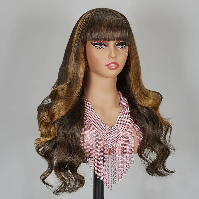 Glueless Brown Highlight Color Wig With Bangs Body Wave Frontal Wig