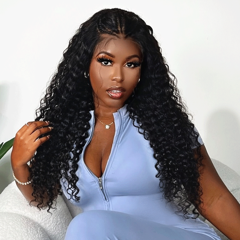 black woman wear  13x4 Pre-braid Curly Glueless Lace Frontal Wig