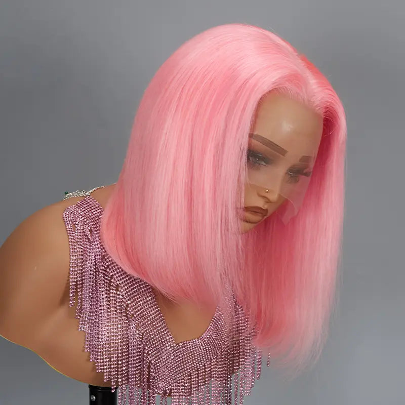 13x4 Pink Color Bob Wig Straight Lace Frontal Human Hair