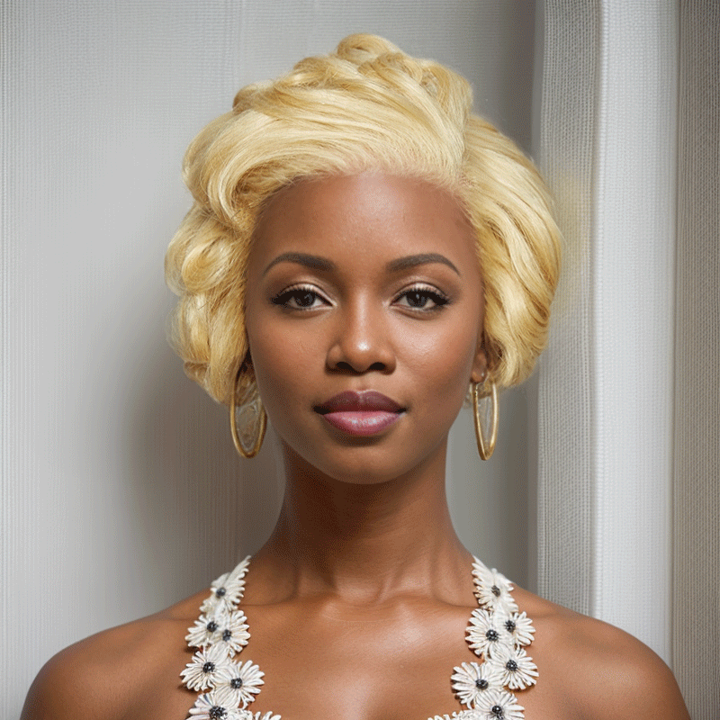 black woman wear 13x6 Lace Frontal Wig Vintage Style Bob Blonde