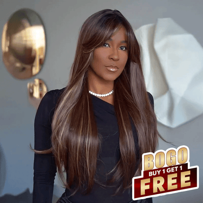 𝐁𝐮𝐲 𝟏 𝐆𝐞𝐭 𝟏 𝐅𝐫𝐞𝐞💥Silky Straight Color Chocolate Highlight Human Hair With Bangs Wig