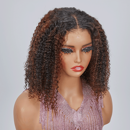  9x6 Glueless Brown Highlight Kinky Curly Bob Glueless Wig