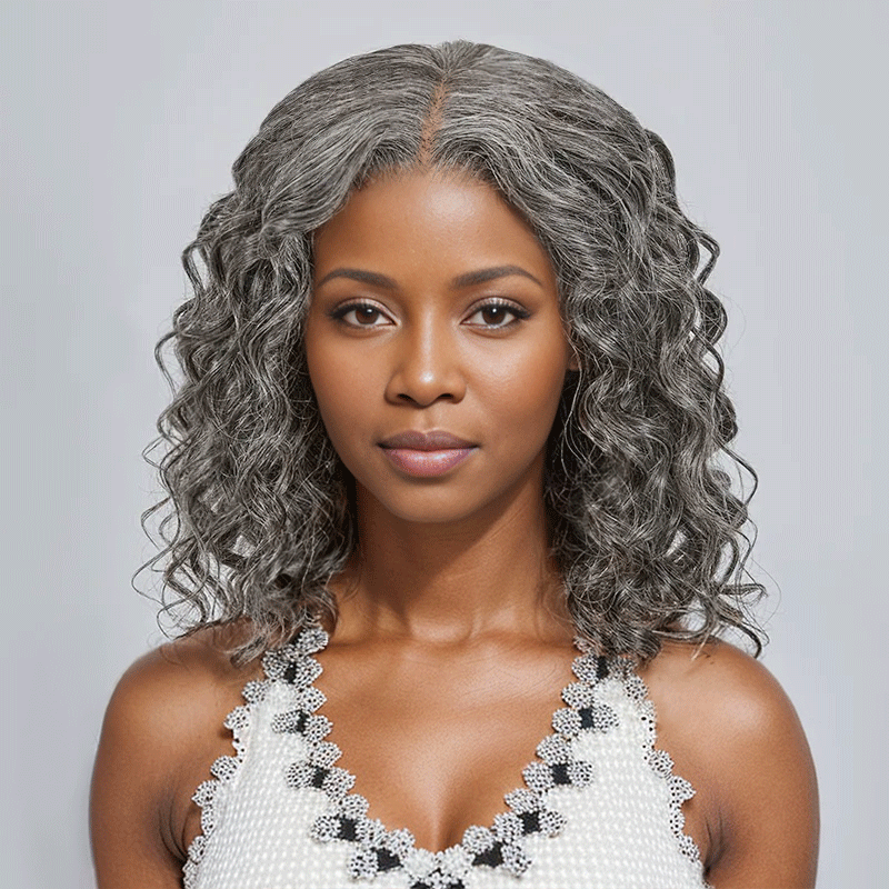 black woman wear 7x5 Color Salt &amp; Pepper Bob Wig Glueless Water Wave