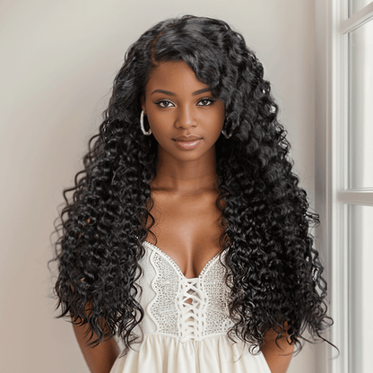 black woman wear 9x6 Side Part Invisible Knots Curly Glueless Wig