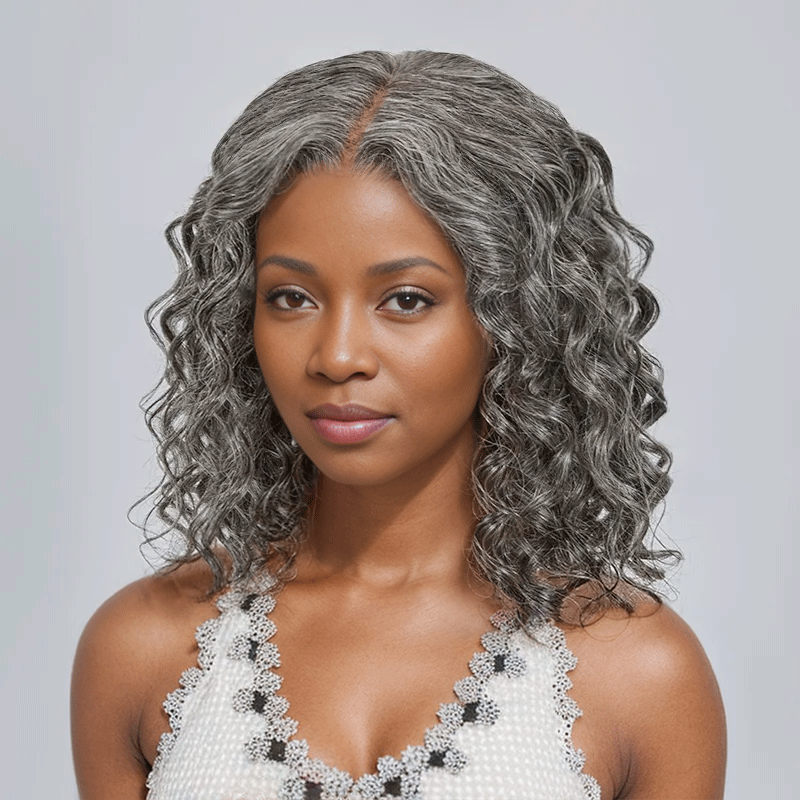 black woman wear 7x5 Color Salt &amp; Pepper Bob Wig Glueless Water Wave