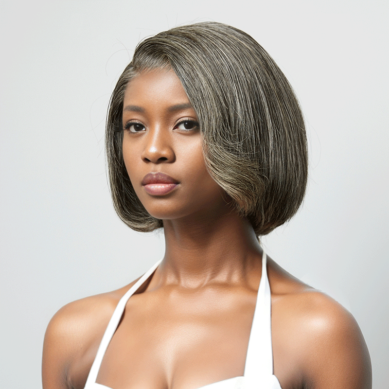 black woman wear 7x5 Glueless Bob Wavy With Side Parting Salt & Pepper Color Wig