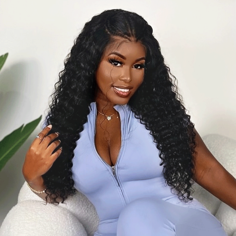 black woman wear  13x4 Pre-braid Curly Glueless Lace Frontal Wig