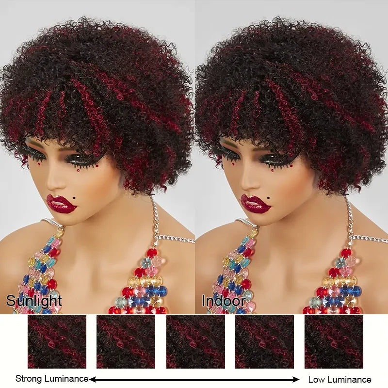 Glueless Afro Red Highlight Kinky Curly Short Bob Pixie Wig