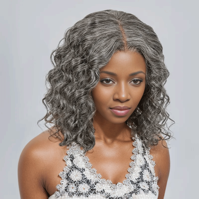 black woman wear 7x5 Color Salt &amp; Pepper Bob Wig Glueless Water Wave