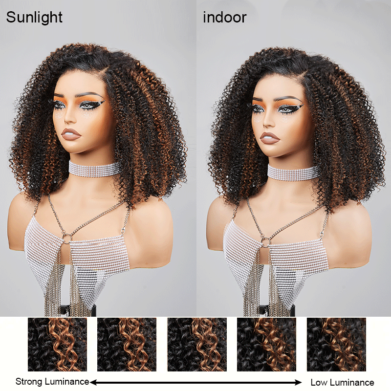 Shine Hair Ready to Go 9x6 Lace Glueless Brown Highlight Bob Kinky Curly Human Hair Wig